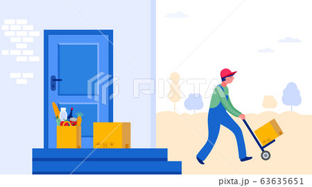 Food delivery service concept, online order tracking. Warehouse, truck and scooter courier, with a Food delivery service concept, online order tracking. Warehouse, truck and scooter courier, with a 63635651