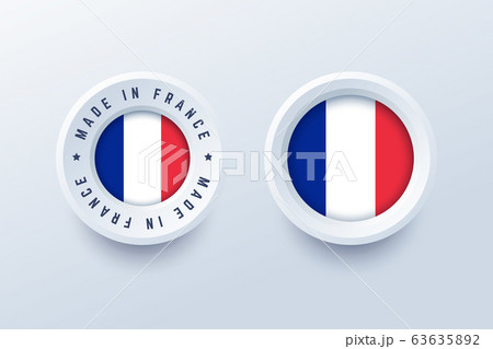 Made in France round label, badge, button, sticker with French national flag. 63635892