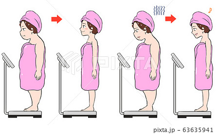 大きな体重計に乗る ダイエット中の湯上り女性のイラスト素材