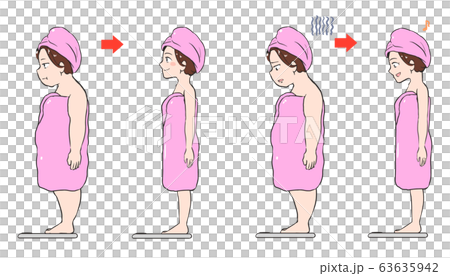 体重計に乗る、ダイエット中の湯上り女性 63635942
