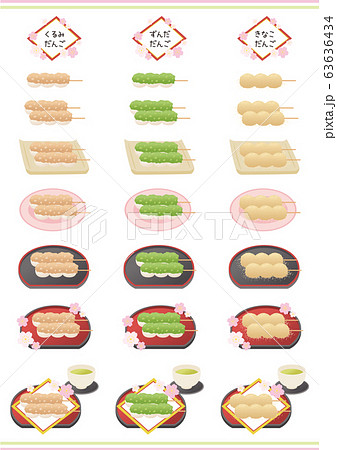 くるみ団子とずんだ団子ときなこ団子のセットのイラスト素材