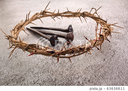 Jesus Christ Crown of thorns with three nails. Religion background. Easter symbol. Crucifixion Of Jesus Christ. Jesus Christ Crown of thorns with three nails. Religion background. Easter symbol. Crucifixion Of Jesus Christ. 63636611