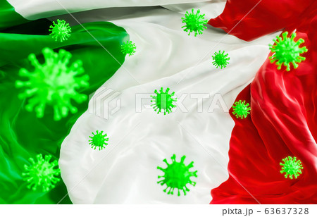 Abstract virus strain model of MERS-Cov or middle East respiratory syndrome coronavirus and Novel coronavirus 2019-nCoV. Italian Flag background. 63637328