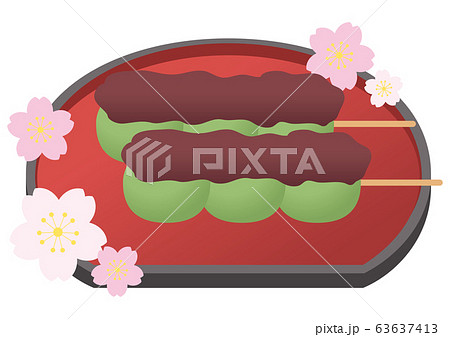 こしあん草団子と赤いお盆と桜 こしあん草団子と赤いお盆と桜 63637413