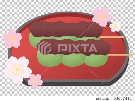 こしあん草団子と赤いお盆と桜 こしあん草団子と赤いお盆と桜 63637413