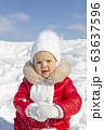 Winter activities for children. A little girl is trying to make a snowball. She is dressed in a bright red coat with a white hat and scarf and mittens. Wonderful pastime in the winter. Portrait 63637596