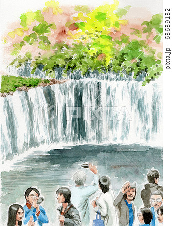 水彩で描いた滝の白糸と観光客 63639132