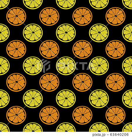 Creative seamless Citrus vector pattern. White lemon on orange slice on black background. Tropical fruit with hot summer mood. For the original, decorative backdrop, cards, packagings, prints, etc. 63640206