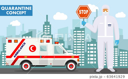 Quarantine and medical concept. Detailed illustration of muslim arabian doctor in protective suit and mask on background with emergency ambulance car and cityscape. Virus, infection, epidemic. Vector Quarantine and medical concept. Detailed illustration of muslim arabian doctor in protective suit and mask on background with emergency ambulance car and cityscape. Virus, infection, epidemic. Vector 63641929