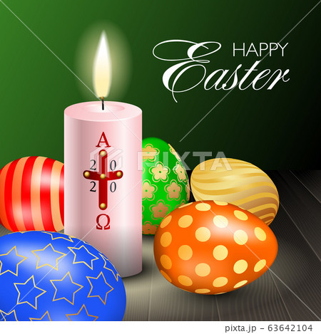 Easter realistic square composition with burning candle with cross, alpha, omega, 2020 year and multicolored eggs on wooden table 63642104