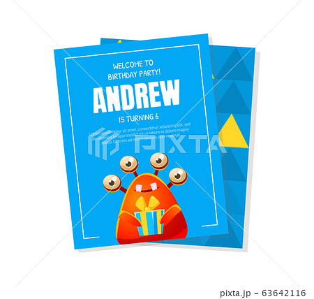 Welcome to Birthday Party Banner Template with Cute Funny Monsters, Party for Kids Invitation Card Vector Illustration 63642116