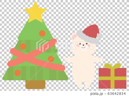 12月 クリスマスツリーとサンタのシロクマとプレゼントのイラスト素材