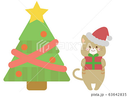 12月 クリスマスツリーとサンタのネコとプレゼントのイラスト素材