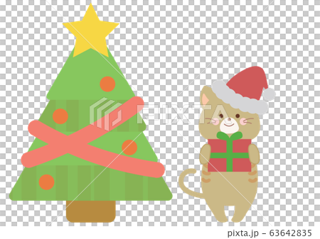 12月 クリスマスツリーとサンタのネコとプレゼントのイラスト素材