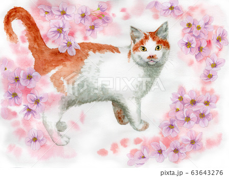 水彩で描いた桜の花と猫のイラスト素材