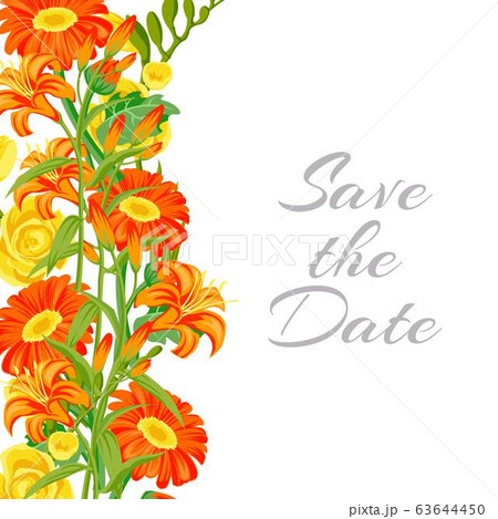 Save the date card with summer orange flowers, bouquet floral cartoon background vector illustration. 63644450