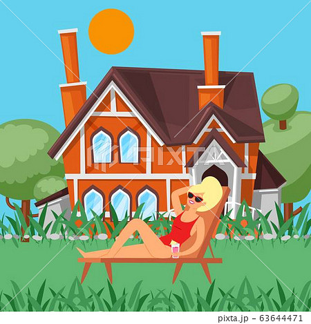Relax day woman taking sun bath outdoors leisure at summer town house cartoon vector illustration. Relax day woman taking sun bath outdoors leisure at summer town house cartoon vector illustration. 63644471