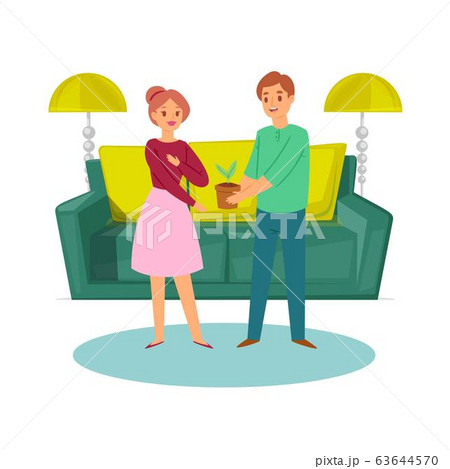 Happy family young couple with plant and sofa cartoon characters at home vector illustration. Happy family young couple with plant and sofa cartoon characters at home vector illustration. 63644570
