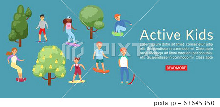 Active kids boys and girls skating on skateboard vector illustration. Active kids boys and girls skating on skateboard vector illustration. 63645350