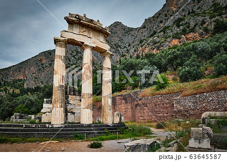 Athena Pronoia temple ruins in ancient Delphi, Greece Athena Pronoia temple ruins in ancient Delphi, Greece 63645587