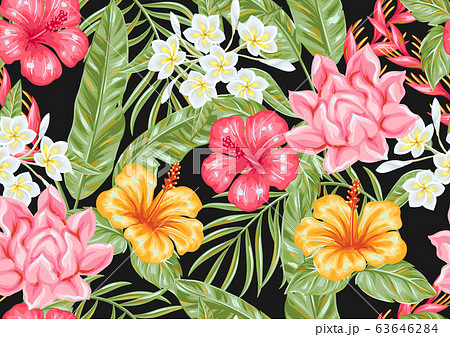 Seamless pattern with tropical flowers and leaves. 63646284