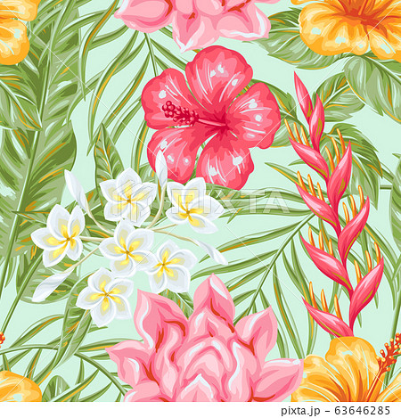 Seamless pattern with tropical flowers and leaves. 63646285
