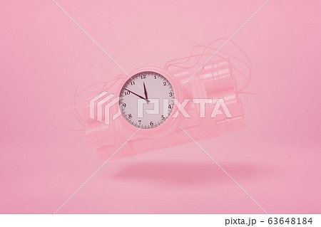 3d rendering of pastel pink dynamite bundle with time bomb floating on pink background of the same color. 63648184