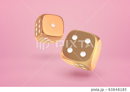 3d close-up rendering of two glossy gold dice bouncing on yogurt pink background. 63648185