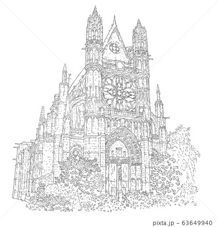 City sketching of gothic cathedral. France, Vernon. 63649940