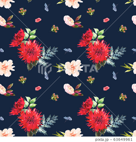 Bright Wedding bridal romanric bouquet seamless pattern. Hand drawing watercolor red and purple and green flowers ornament 63649961