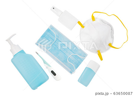 Mask for wearing germ protection Coronavirus or covid19 and gel alcohol or hand sanitizer bottle Mask for wearing germ protection Coronavirus or covid19 and gel alcohol or hand sanitizer bottle 63650087