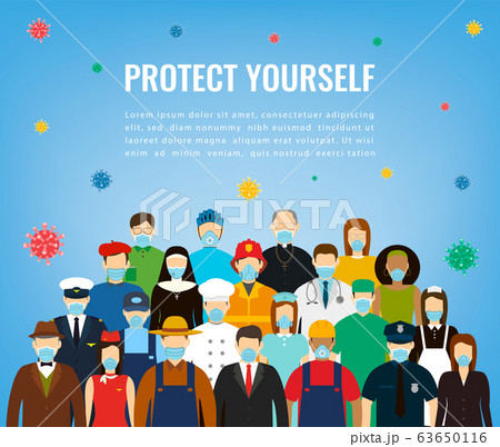 People in protective medical masks. Protection mask against virus, infectious diseases and flu. Coronavirus quarantine concept. Vector 63650116