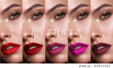 Collection: eyes and lips red, purple hues. The palette of lipsticks. Close-up Collection: eyes and lips red, purple hues. The palette of lipsticks. Close-up 63651503