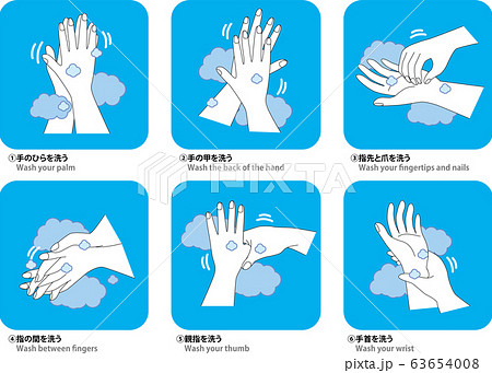 手洗い 手洗い 手順 表 説明 手 手を洗う 衛生 エチケット ウィルス ばい菌 感染予防 感染対策のイラスト素材