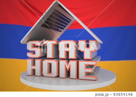 Portable computer and STAY HOME inscription with flag of Armenia as a background. Armenian Coronavirus self-isolation, 3D rendering Portable computer and STAY HOME inscription with flag of Armenia as a background. Armenian Coronavirus self-isolation, 3D rendering 63654148