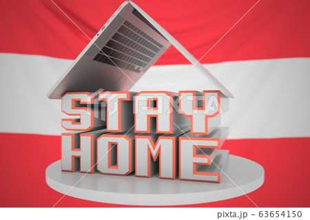 Laptop and STAY HOME text on the Austrian flag background. Coronavirus self-isolation in Austria, 3D rendering 63654150