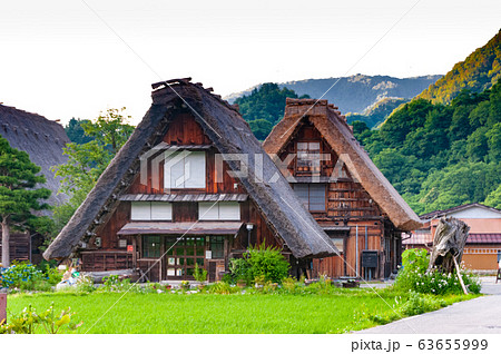 •	The village of Shirakawa, a world heritage site, with its traditional houses with gassho-zukuri-style roofs at daylight in spring 63655999