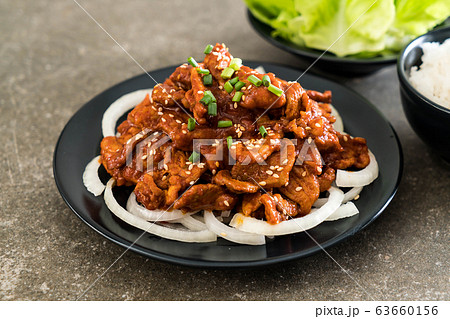 fried pork with spicy korean sauce (bulgogi) fried pork with spicy korean sauce (bulgogi) 63660156