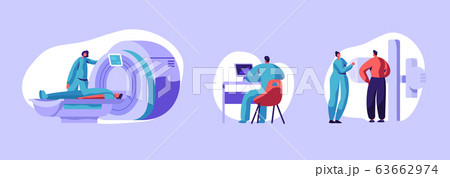 Set Mri Scanning and Fluorography Diagnostic Procedure. Doctor Character Looking at Results of Patient Body Scan 63662974