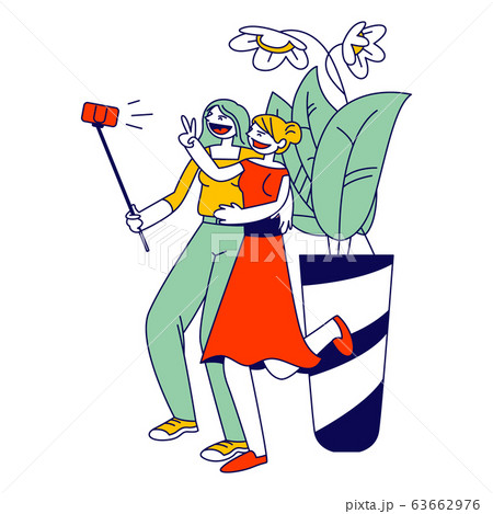 Girlfriends Meeting. Young Girls Making Selfie on Smartphone for Post in Internet Networks. Women Walking Together 63662976