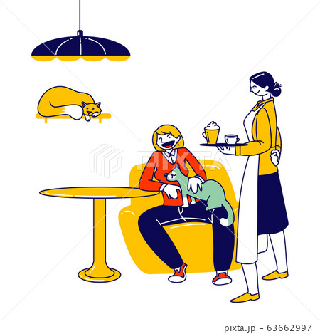 Female Character Playing with Fluffy Kitten at Modern Cafe Interior while Waiting Order. Waitress Bring Tray with Coffee 63662997