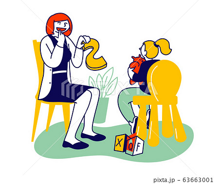 Doctor Logopedist Practicing with Little Girl Having Speech Pronunciation Problems Educating Baby to Pronounce 63663001