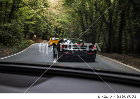 Brand model sport cars driving in the forest road Brand model sport cars driving in the forest road 63663003