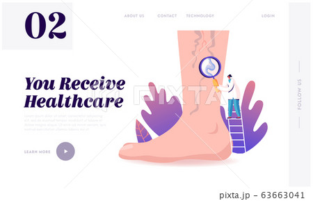 Vein Thrombosis, Varicose Treatment Landing Page Template. Tiny Doctor Character Stand on Ladder with Magnifying Glass 63663041