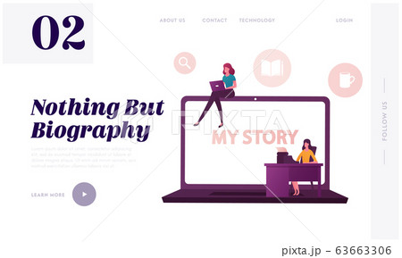 Famous Author Life Story Landing Page Template. Tiny Female Characters at Huge Laptop Writing Biography 63663306