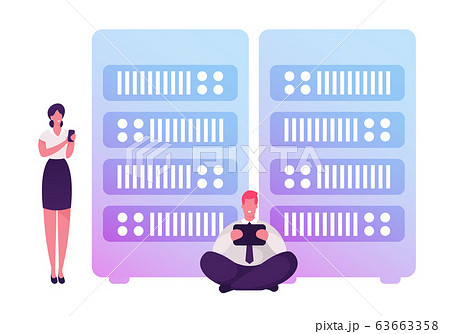 Businessman with Tablet Pc and Businesswoman with Smartphone Stand in Data Server Room using Intranet Businessman with Tablet Pc and Businesswoman with Smartphone Stand in Data Server Room using Intranet 63663358
