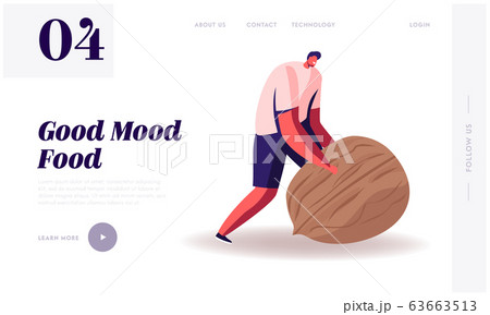 Wellbeing Lifestyle Website Landing Page. Man Rolling Huge Nut. Healthy Organic Nutrition with Low Carbs Wellbeing Lifestyle Website Landing Page. Man Rolling Huge Nut. Healthy Organic Nutrition with Low Carbs 63663513