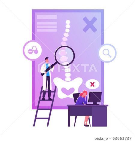 Scoliosis and Spine Deformation Concept. Woman Sitting at Desk in Wrong Posture Male Doctor Stand with Magnifier Scoliosis and Spine Deformation Concept. Woman Sitting at Desk in Wrong Posture Male Doctor Stand with Magnifier 63663737
