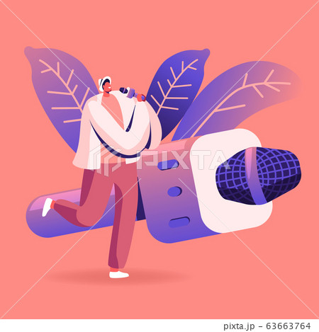 Happy Man Having Fun Singing at Karaoke Bar or Night Club. Male Character with Great Mood Having Party Happy Man Having Fun Singing at Karaoke Bar or Night Club. Male Character with Great Mood Having Party 63663764