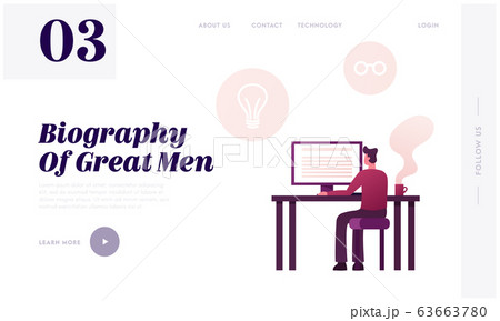 Writer Work on New Memoirs Book Landing Page Template. Male Character Sitting at Desk Look on Desktop 63663780